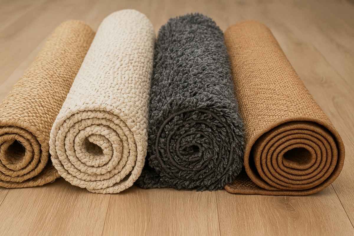 Četiri uvrnuta jednobojna tepiha različitih materijala, poređana jedan do drugog na svetlom drvenom podu, sa jasno vidljivim teksturama i spiralnim rolama.